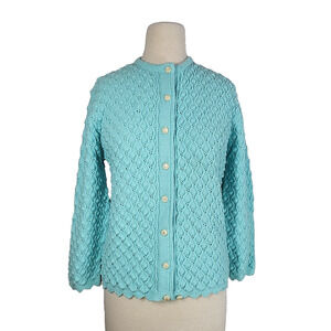 VTG Cuddle Knit Cardigan Sweater M Blue Nubby 60s Cottage Coquette Rockabilly